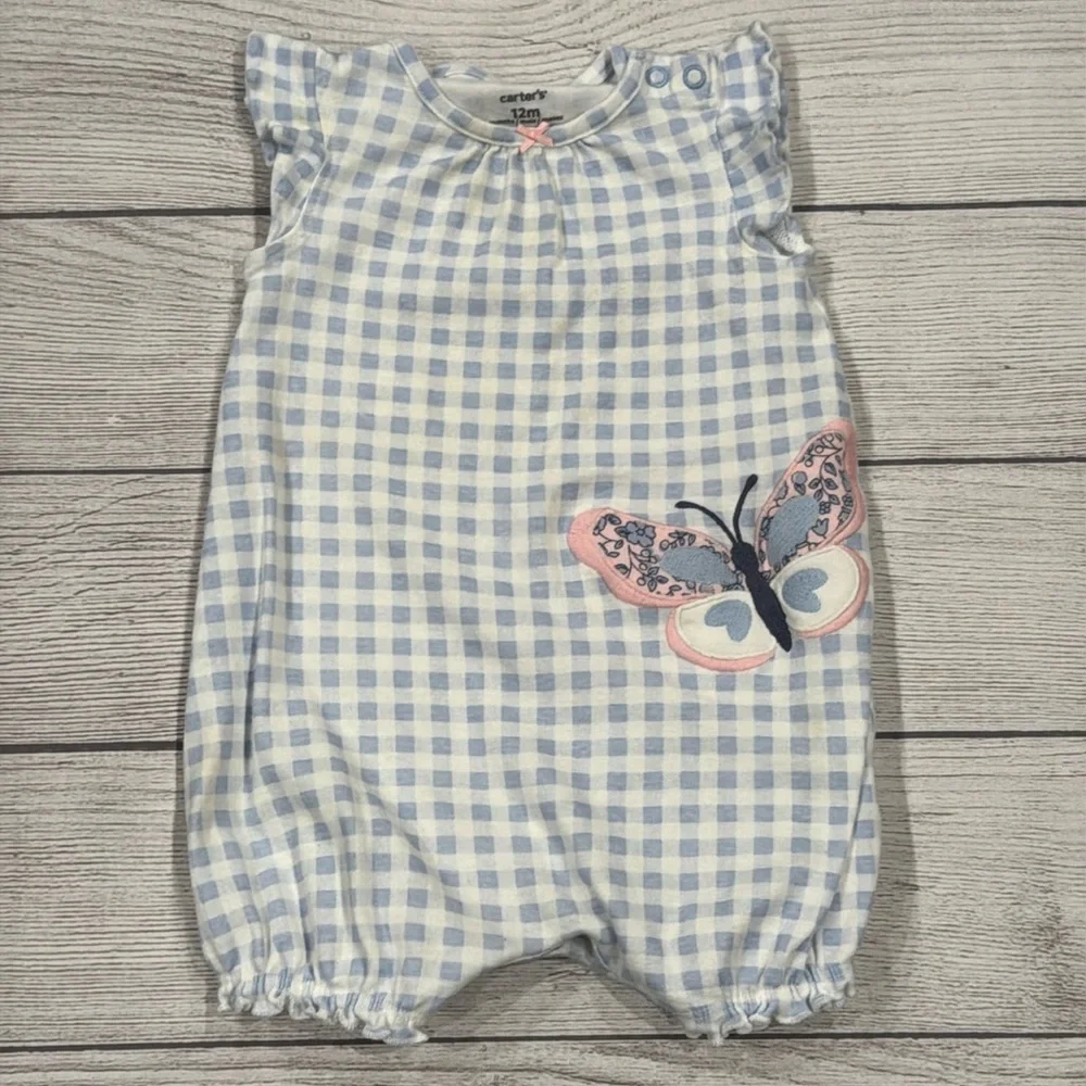 Carter’s Baby Girls Blue and White Gingham Check Romper with Butterfly
